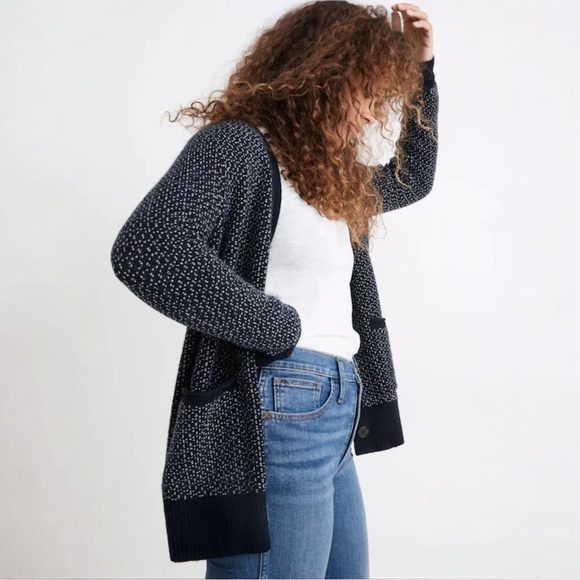 Madewell Birds Eye Maysfield Alpaca Wool Blend Cardigan Blue and White Cozy Soft - Picture 2 of 11